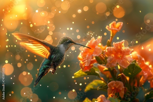 Hummingbird Flying Over Flowers © Yana