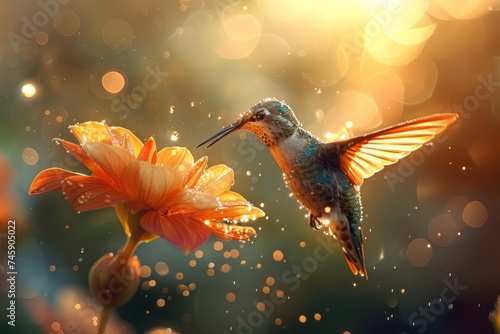 Hummingbird Hovering Over Orange Flower © Yana