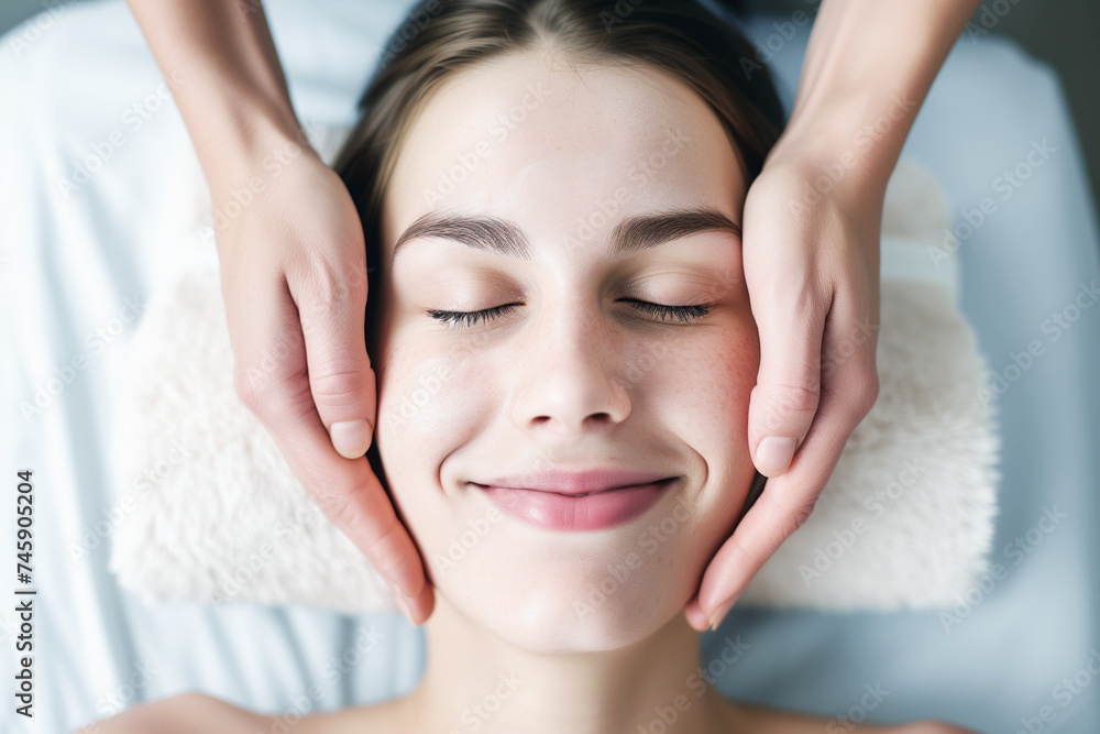 smiling woman receiving a gentle facial massage from a therapists hands smiling woman receiving a gentle facial massage from a therapists hands