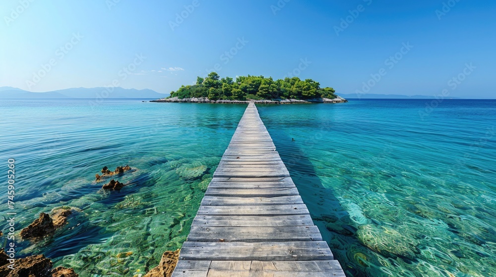 Peaceful Getaway: Wooden Dock Leading to Isolated Islet Amidst Serene Turquoise Waters, Under a Clear Sky with Gentle Horizon Glow