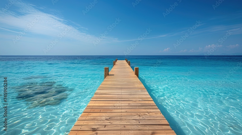 Serene Seaside Retreat: Wooden Jetty to a Secluded Islet, Encircled by Calm Turquoise Sea, Sky Shifting from Deep Blue to Horizon's Soft Light