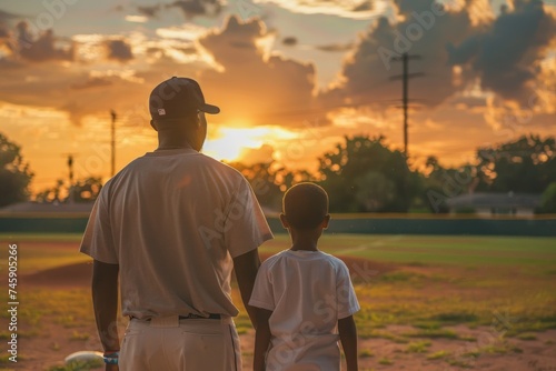 Man and Boy Standing on Baseball Field