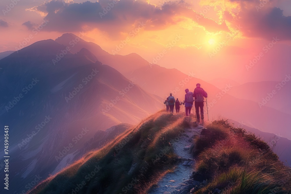 Group of People Hiking Up a Mountain