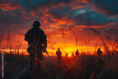 Group of People Walking Through Field at Sunset