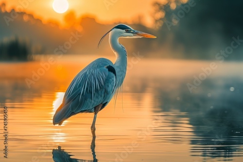 Bird Standing in Water at Sunset