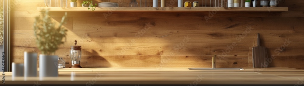 An empty 3D kitchen podium with a wooden background, showcasing products on a table in a modern and inviting setting.