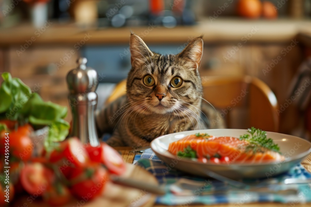 Cat Sitting at Table With Plate of Food