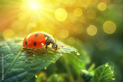 Ladybug Resting on Green Leaf