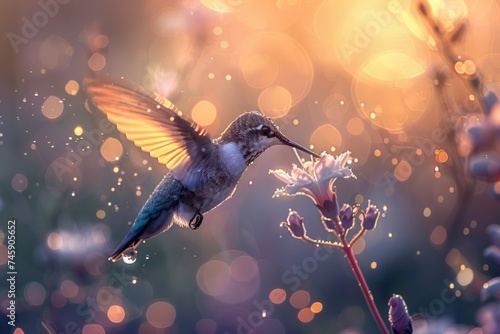 Hummingbird Flying Over Flower in Rain © Yana
