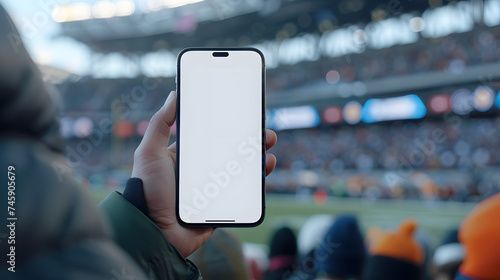 Man fan hands holding isolated smartphone device at American football stadium game with blank empty white screen, sports betting concept