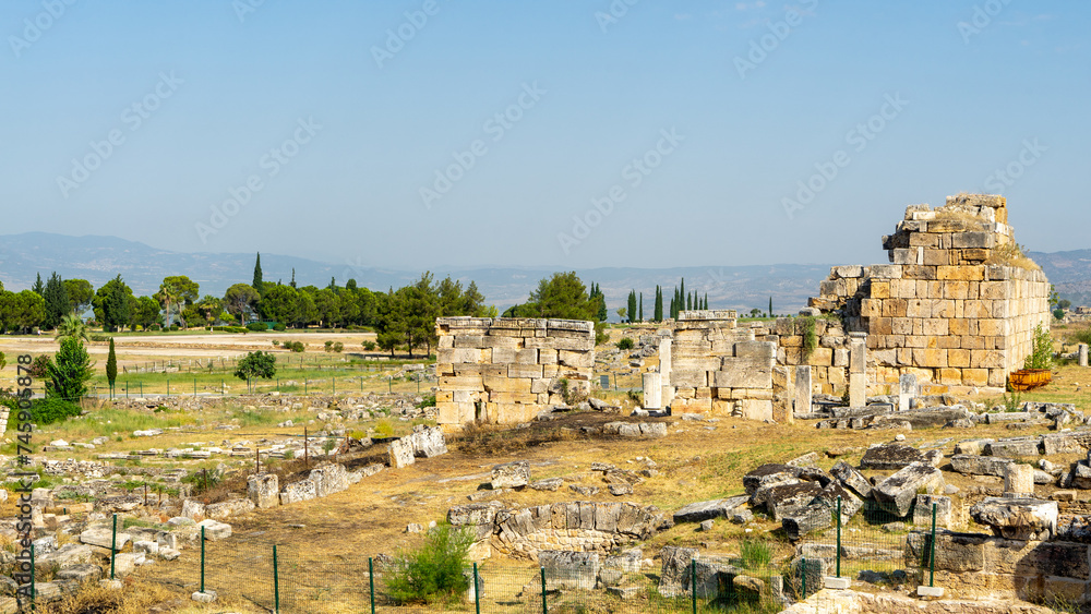Ancient city Hierapolis or Holy City near of Pamukkale or Cotton Castle. Phrygian cult center of Anatolian mother goddess of Cybele Ancient city Hierapolis or Holy City near of Pamukkale or Cotton Castle. Phrygian cult center of Anatolian mother goddess of Cybele