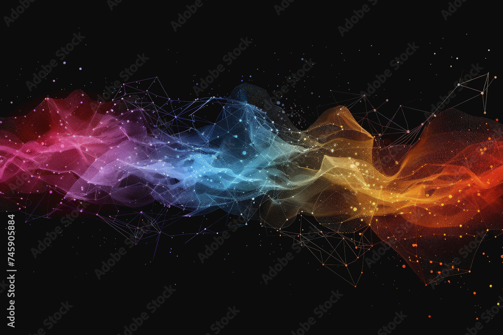 Abstract futuristic wave with colorful lines connecting dots. digital data communication background. - obrazy, fototapety, plakaty 