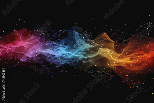 Abstract futuristic wave with colorful lines connecting dots. digital data communication background. #745905884