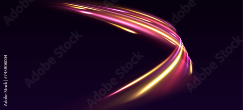 Neon swirl. Curve blue line light effect. Cyberpunk light trails in motion or light slow shutter effect. Concept of leading in business, Hi tech products, warp speed wormhole science vector design.