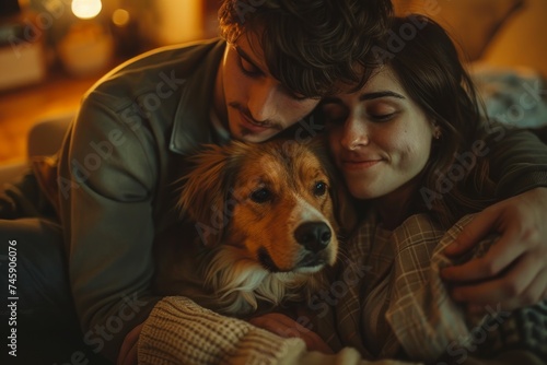 Man and Woman Cuddle With Dog