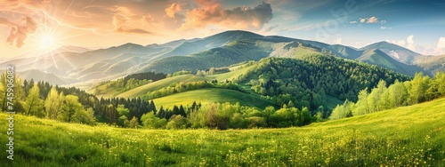 Springtime landscape in mountains. Panorama of beautiful countryside. grassy field and rolling hills. rural scenery