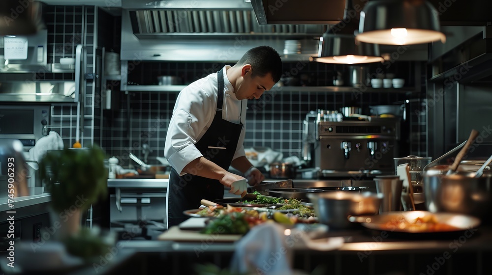 Focused Male Chef Preparing Fresh Vegetables in a Professional Restaurant Kitchen Setting Focused Male Chef Preparing Fresh Vegetables in a Professional Restaurant Kitchen Setting
