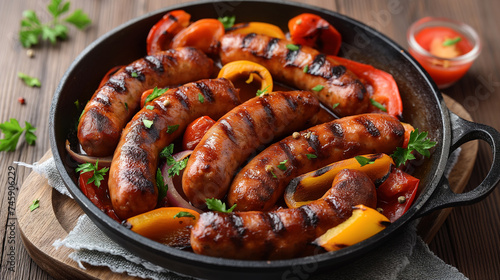 Savory grilled sausages with colorful bell peppers served in a rustic cast iron skillet