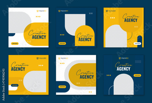 Yellow geometric shape corporate social media post template. Set of colorful square layout designs. Creative agency vector editable ads