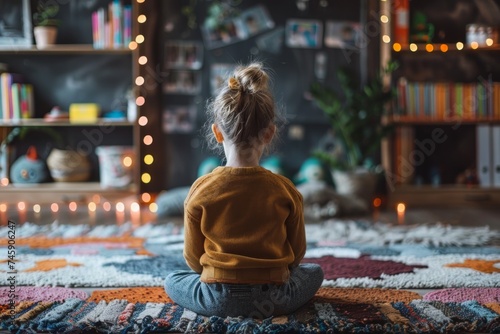 Child Sitting on Rug in Front of Bookshelf