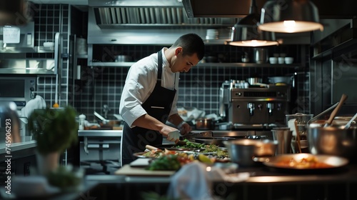 Focused Male Chef Preparing Fresh Vegetables in a Professional Restaurant Kitchen Setting