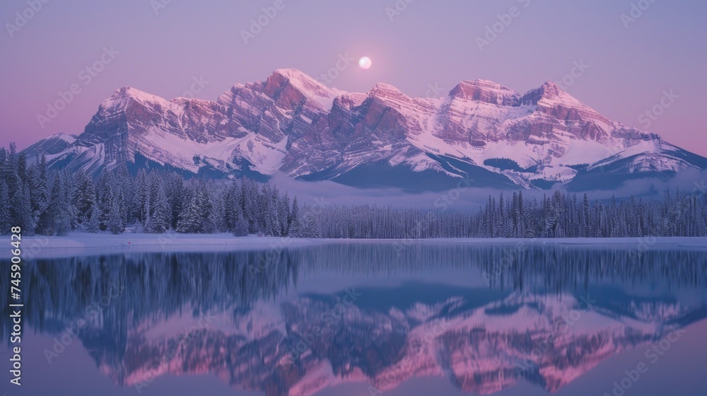 Twilight Majesty: Snow-Dusted Mountain Peaks in Soft Pink Sunset Hues, Reflective Lake Capturing Alpenglow and Moonrise