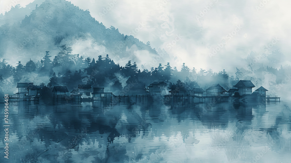 A watercolor painting of a small village covered in mist.