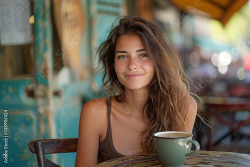 Woman Sitting at Table With Coffee Cup