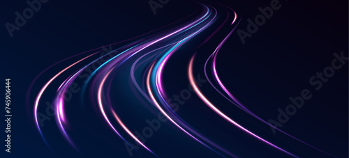 Neon color glowing lines background, high-speed light trails effect. Magic shining neon light line trails. Vector glitter light fire flare trace. Abstract image of speed motion on the road. 