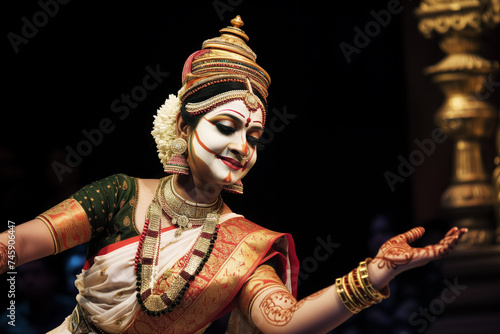 classical kathakali dancer with detailed makeup and costume on stage photo