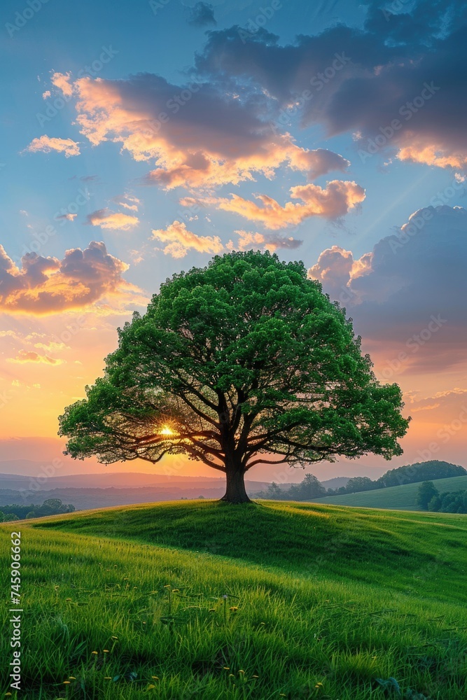 Vibrant Green Tree Amidst Rolling Meadows: Sunrise Hues and Ethereal Light Embodying Solitude and Growth Vibrant Green Tree Amidst Rolling Meadows: Sunrise Hues and Ethereal Light Embodying Solitude and Growth