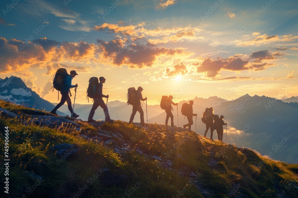 Group of People Hiking Up a Mountain at Sunset - obrazy, fototapety, plakaty 