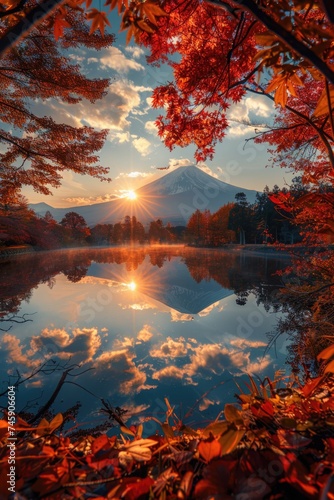 Tranquil Lakeside Autumn: Stunning Mount Fuji Distance View, Trees Ablaze with Fall Colors, Sunlight Casting Warm Glow