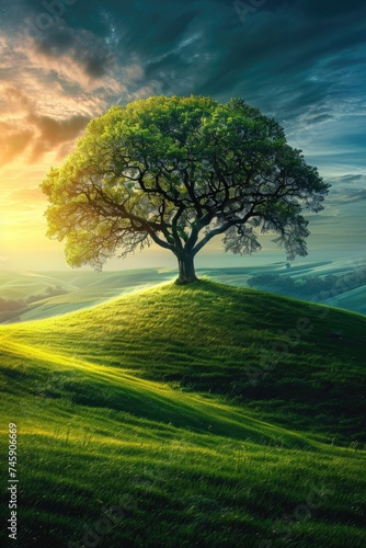 Lush Meadow Solitude: A Vibrant Tree Under a Dynamic Sunrise Sky, Horizon Light Enhancing the Scenic Tranquility