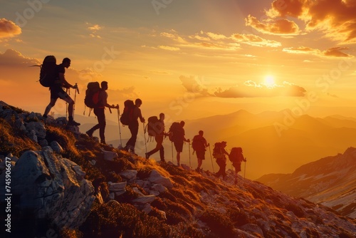 Group of People Hiking up a Mountain at Sunset © Yana