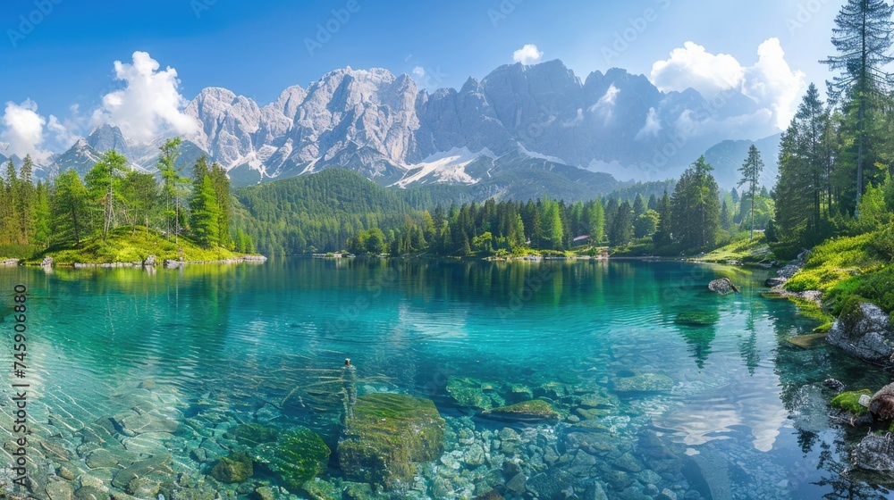 Crystal-Blue Lake in Verdant Forest: Majestic Snow-Capped Mountains and Clear Sky on a Sunny Day Panorama