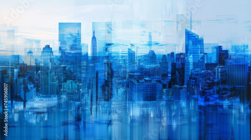 An abstract blue cityscape with abstract buildings.