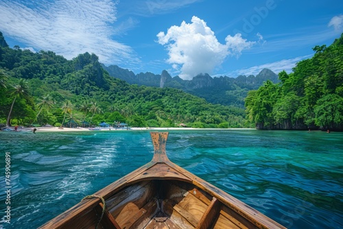 Boat Traveling Down River With Mountains Background