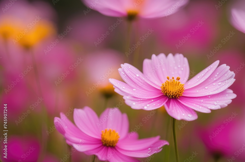 Vivid pink cosmos flower with a golden center, adorned with crystal-clear dew drops