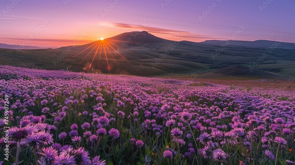 Obraz premium Sunset Over Hillside Blanketed in Pink Wildflowers: Distant Mountain Backdrop with Sky Painted in Purple and Orange