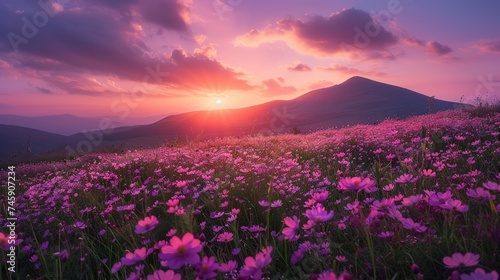 Tranquil Sunset Amidst Pink Wildflowers: Hillside View with Mountain Silhouette and Sky in Shades of Purple and Orange
