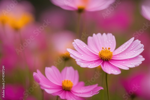 Vivid pink cosmos flower with a golden center  adorned with crystal-clear dew drops