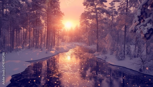 winding stream among a winter snow-covered forest at sunset © viktorbond