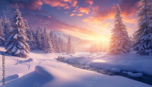 winter landscape, winding stream among a winter snow-covered forest at sunset
