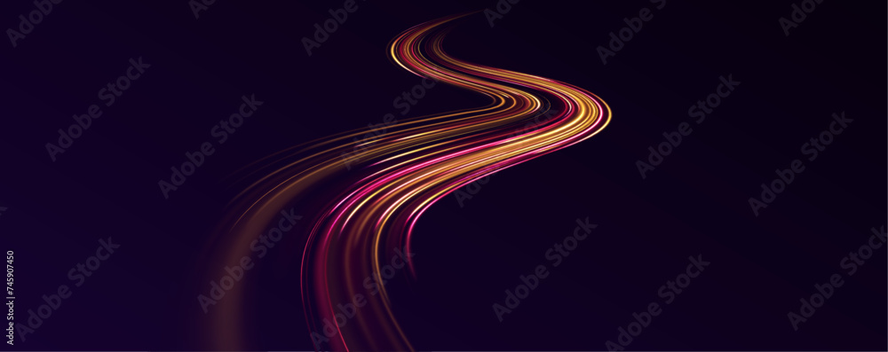Abstract energy in the form of stripe, arc, curl and zigzag in neon colors with light effect. Light and stripes moving fast over dark background. High-speed light trails effect. 
 - obrazy, fototapety, plakaty 