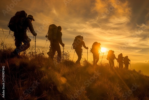 Group of People Hiking up a Hill at Sunset
