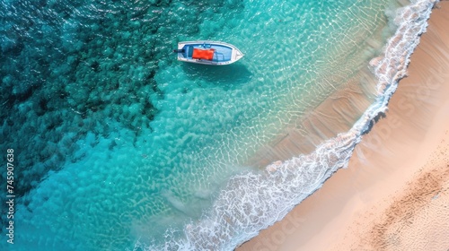 Secluded Boat on Clear Turquoise Waters: Aerial Perspective of Ocean and Shoreline