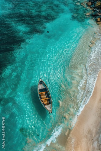 Peaceful Ocean Scene: Solitary Boat, Turquoise Waters, and White Sand Beach from Above