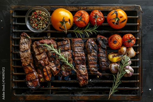 Grill With Steak, Tomatoes, Onions, and Tomatoes