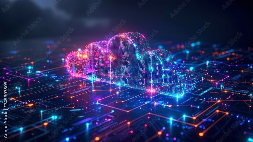 Fototapeta premium Cloud computing technology concept. 3d rendering double exposure illustration of cloud computing